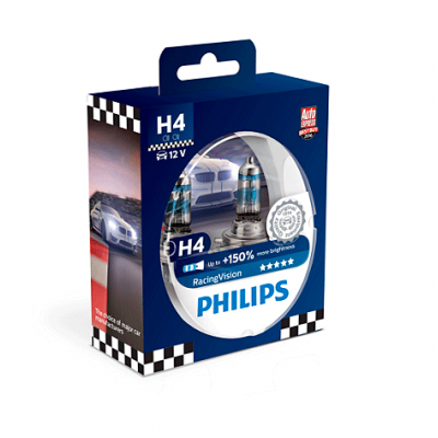 Галогеновые лампы Philips H4 Racing Vision +150% 12342RVS2
